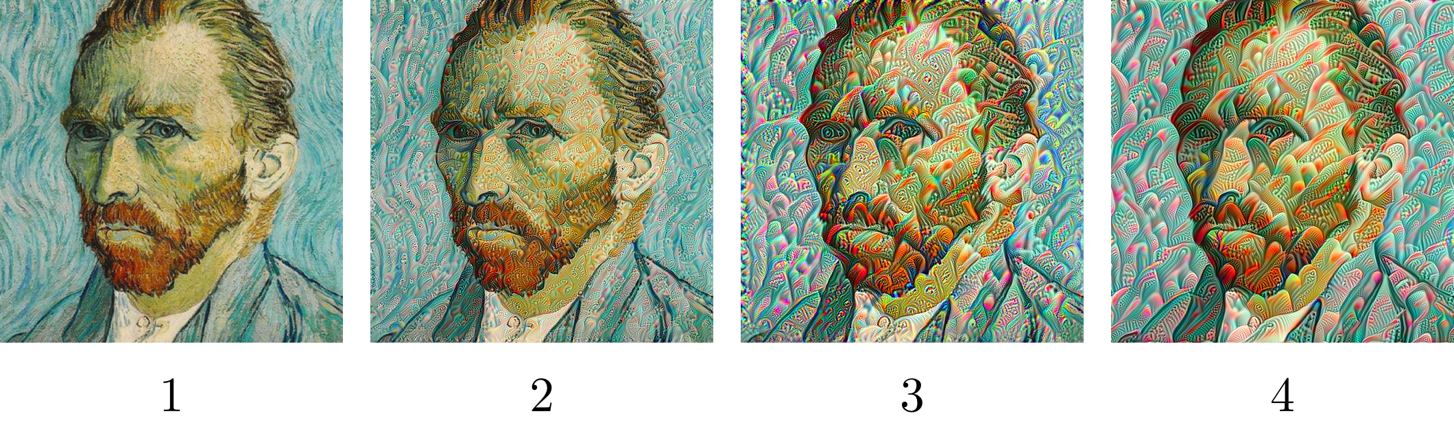 Four portraits of Vincent van Gogh, each optimized using different configurations of DeepDream